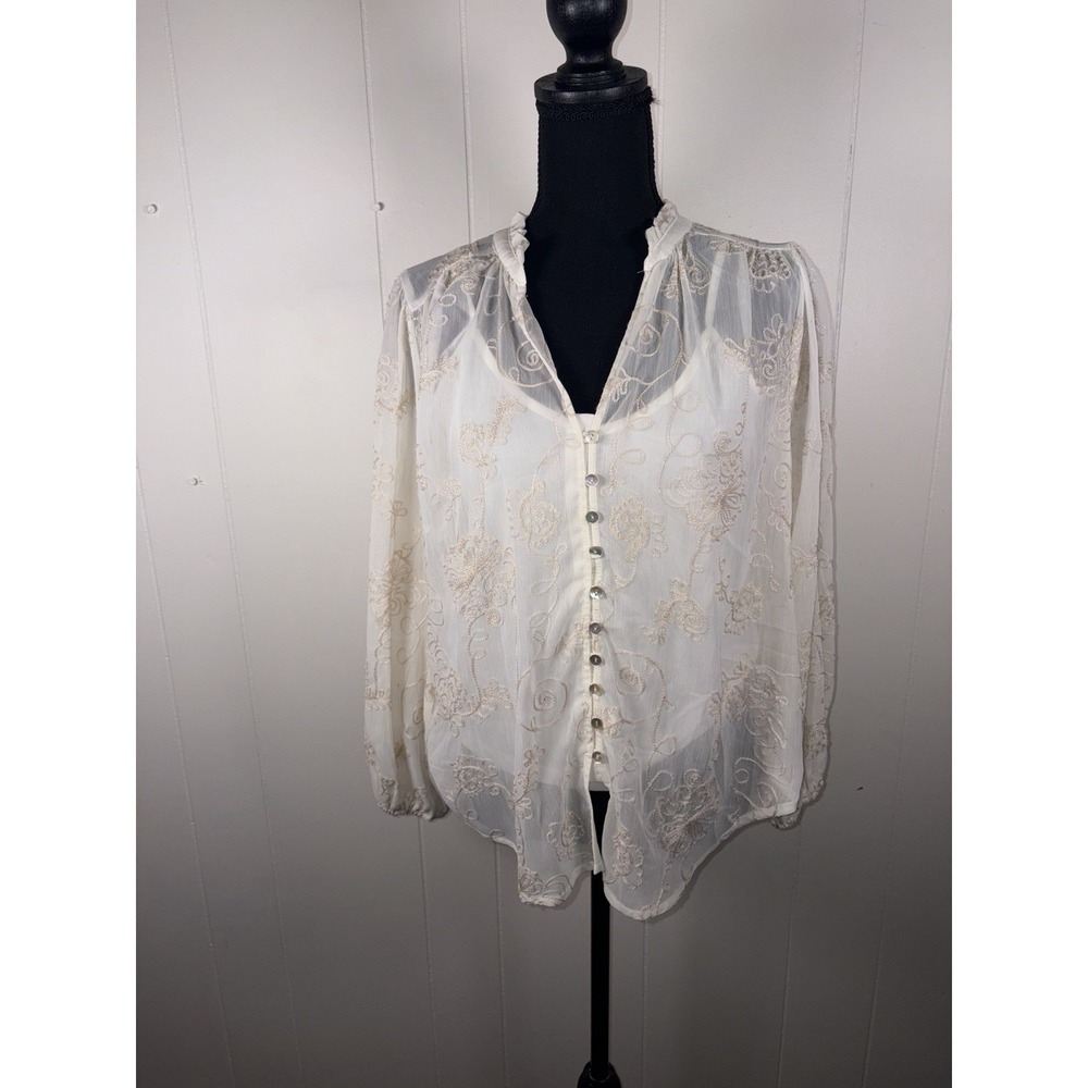 Figueroa & Flower women's embroidered button-up medium petite Ivory Sheer